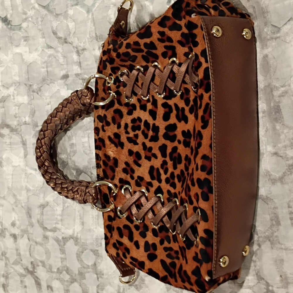 Michael Kors Leopard Print Cow Hide Shoulder Bag with Brown Accents